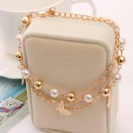 Pretty Multilayer Women Beaded Gold Heart Butterfly Charm Pendant Bracelets and Bangles Jewelry