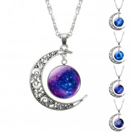 Lovely Glass Galaxy Crescent Choker Pendant Silver Chain Moon Necklace Special Fashion Gift Jewelry Accessories