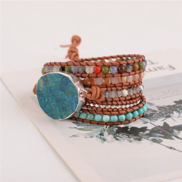 Boho Chic Leather Wrap Beaded Huge Ocean Stone Bracelet Special Fashion Gift Jewelry Accessories