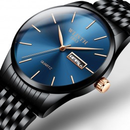 Superb Ultra-thin Blue/Black Week Date display Men's  Business Steel Strap Wrist watch Special Fashion Gift Jewelry Accessories