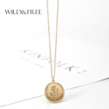 Attractive Gold Alloy Round Long Chain Rose Flower Coin  Pendant Necklace Special Fashion Gift Jewelry Accessories